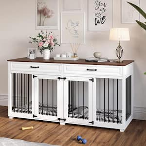 Wooden Indoor Dog Crate Furniture, Large Dog Cage Kennel with 2-Drawers and Divider for Medium or 2-Small Dogs, White