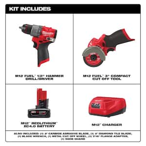 M12 FUEL 12-Volt Lithium-Ion Brushless Cordless 1/2 in. Hammer Drill & M12 FUEL 3 in. Cut Off Saw with Battery & Charger