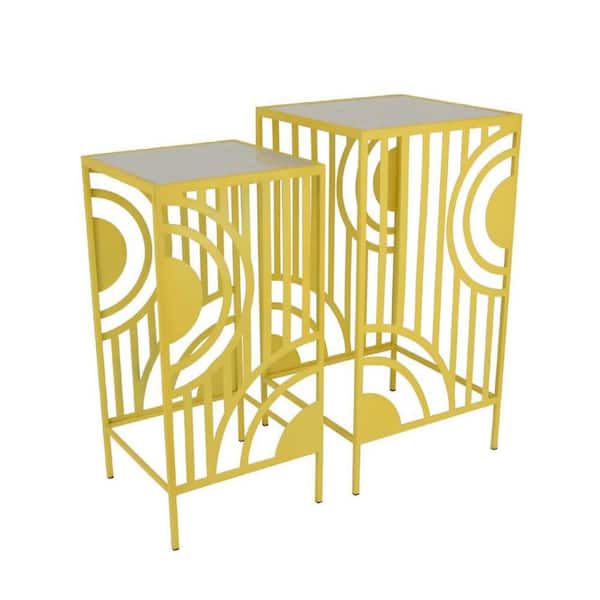 Percy Gold Metal Marble Top Set of 2 Plant Stand Table (13.75 in. H x W 26 in. H)