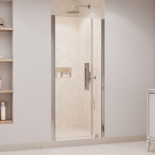 Pasadena 3 3/4 in. to 35 3/4 in. W x 72 in. H Pivot Alcove Frameless Shower Door in Satin Nickel