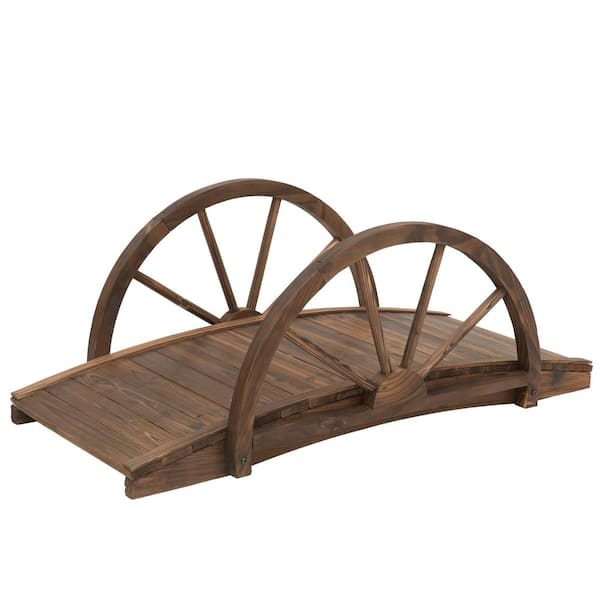 Outsunny 39.25 in. x 19.75 in. x 14.5 in. Stained Wooden Garden Arc Bridge with Half-Wheel Railings