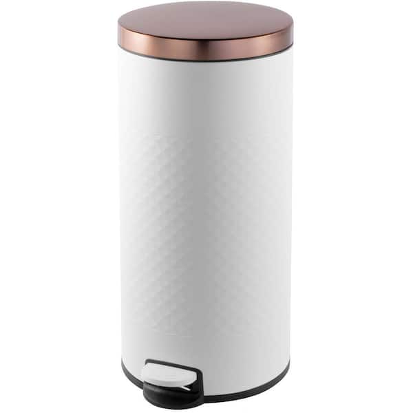 8 Gal. White Round Step-on Metal Household Trash Can with Lid and Inner Bucket, Diamond Body, for Kitchen and Office