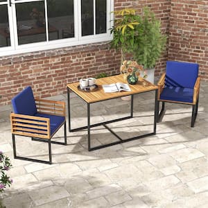 Bayview Black 3-Piece Metal and Wood Rectangular Outdoor Dining Set with Navy Blue Cushions