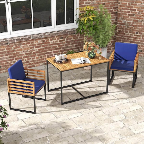 Costway Bayview Black 3-Piece Metal and Wood Rectangular Outdoor Dining Set with Navy Blue Cushions