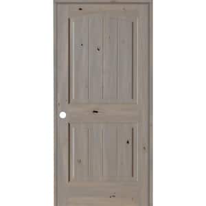 24 in. x 80 in. Knotty Alder 2 Panel Right-Hand Top Rail Arch V-Groove Grey Stain Wood Single Prehung Interior Door