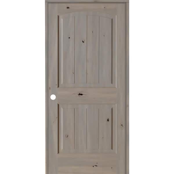 24 in. x 80 in. Knotty Alder 2 Panel Right-Hand Top Rail Arch V-Groove Grey Stain Wood Single Prehung Interior Door