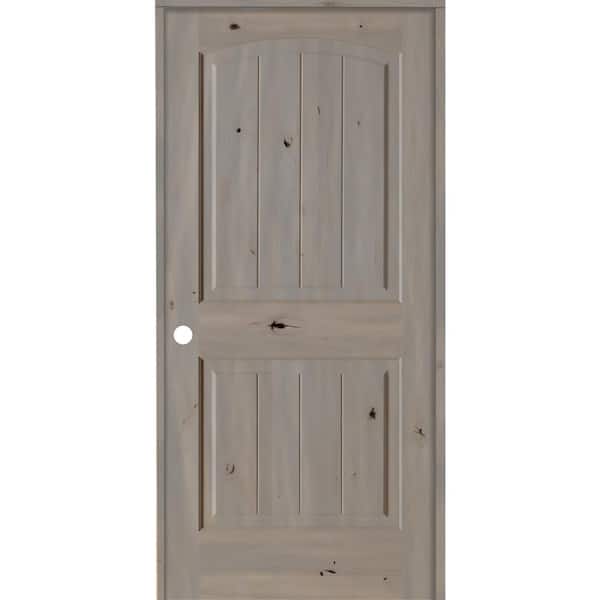 EMOH 28 in. x 80 in. Knotty Alder 2 Panel Right-Hand Top Rail Arch V-Groove Grey Stain Wood Single Prehung Interior Door