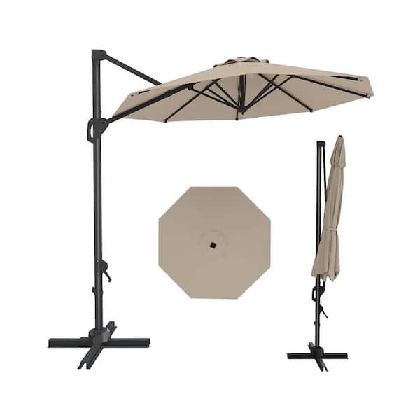 10 ft. Metal Pole Cantilever Offset Patio Umbrella with Crank & Cross Base in Tan