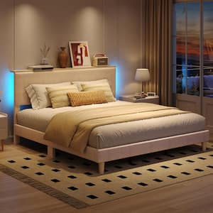 Beige Wood Frame Twin Size Velvet Upholstered Platform Bed Frame with Storage Headboard and LED Lights