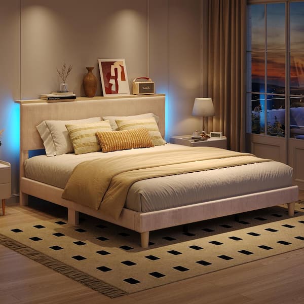 Bestier Beige Wood Frame Twin Size Velvet Upholstered Platform Bed Frame with Storage Headboard and LED Lights