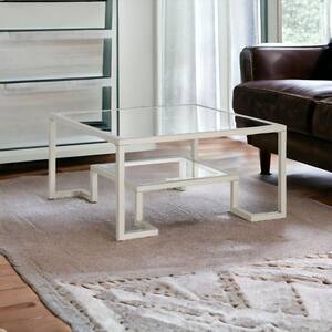 32 in. Silver Square Glass Coffee Table with Shelves;Storage