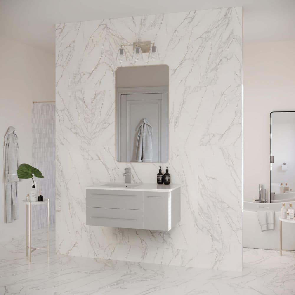 Gray Solid Wood and MDF Wall Mount Vanity with Quartz Stone Top
