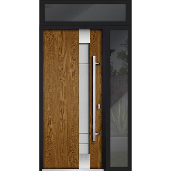 VDOMDOORS 52 in. x 96 in. Left-Hand/Inswing 2 Sidelights Frosted Glass Oak Steel Prehung Front Door with Hardware