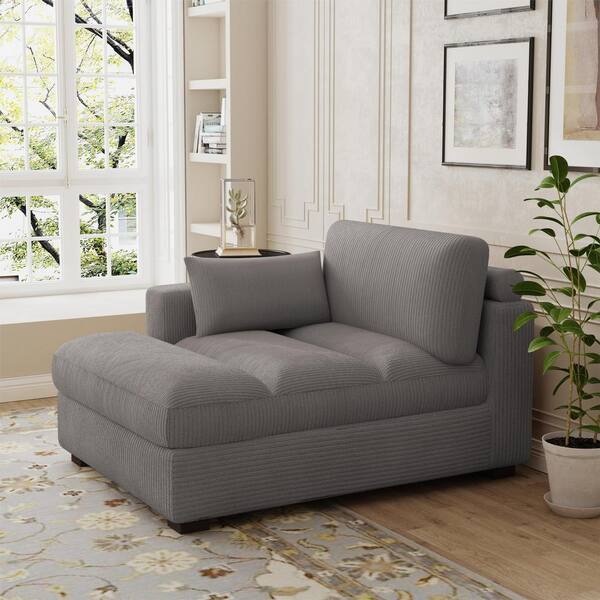 Modern Left Arm Facing Light Gray Corduroy Polyester Upholstered Tufted Chaise Lounge with Wood Frame and 1 Pillow