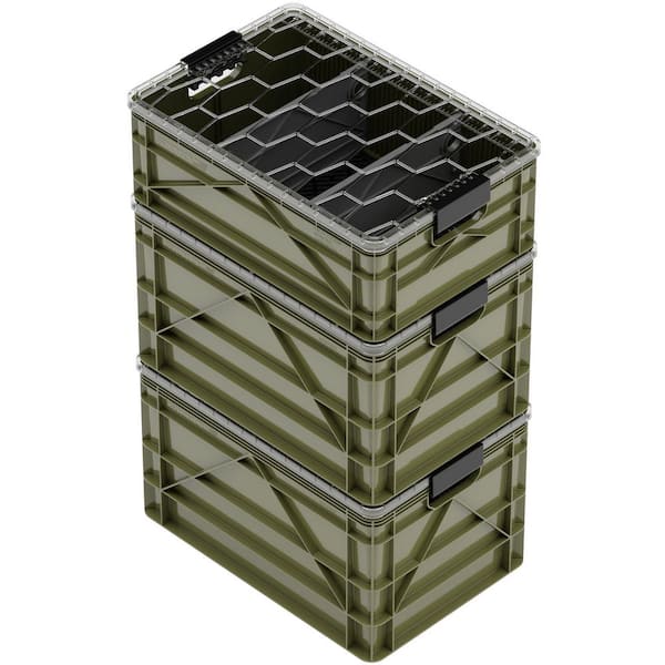 Crate Pro Pack 2 Full-Size and 1 Half-Size Heavy Duty Stackable Storage Bins with Lids, Dividers and Mats Green