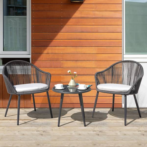 Avestar Dark Gray 3-Piece Metal Outdoor Bistro Set Patio Conversation Seating Set with White Cushion