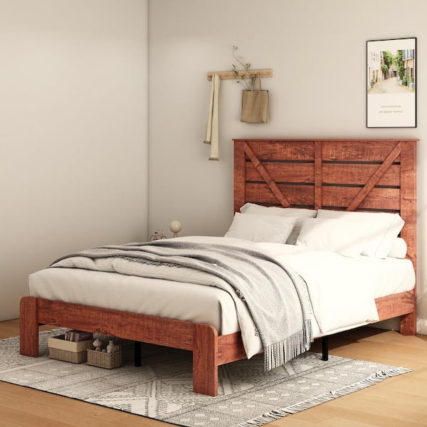 sumyeg Vintage Brown Wood Frame King Size Platform Bed with Headboard, Large Under Bed Storage