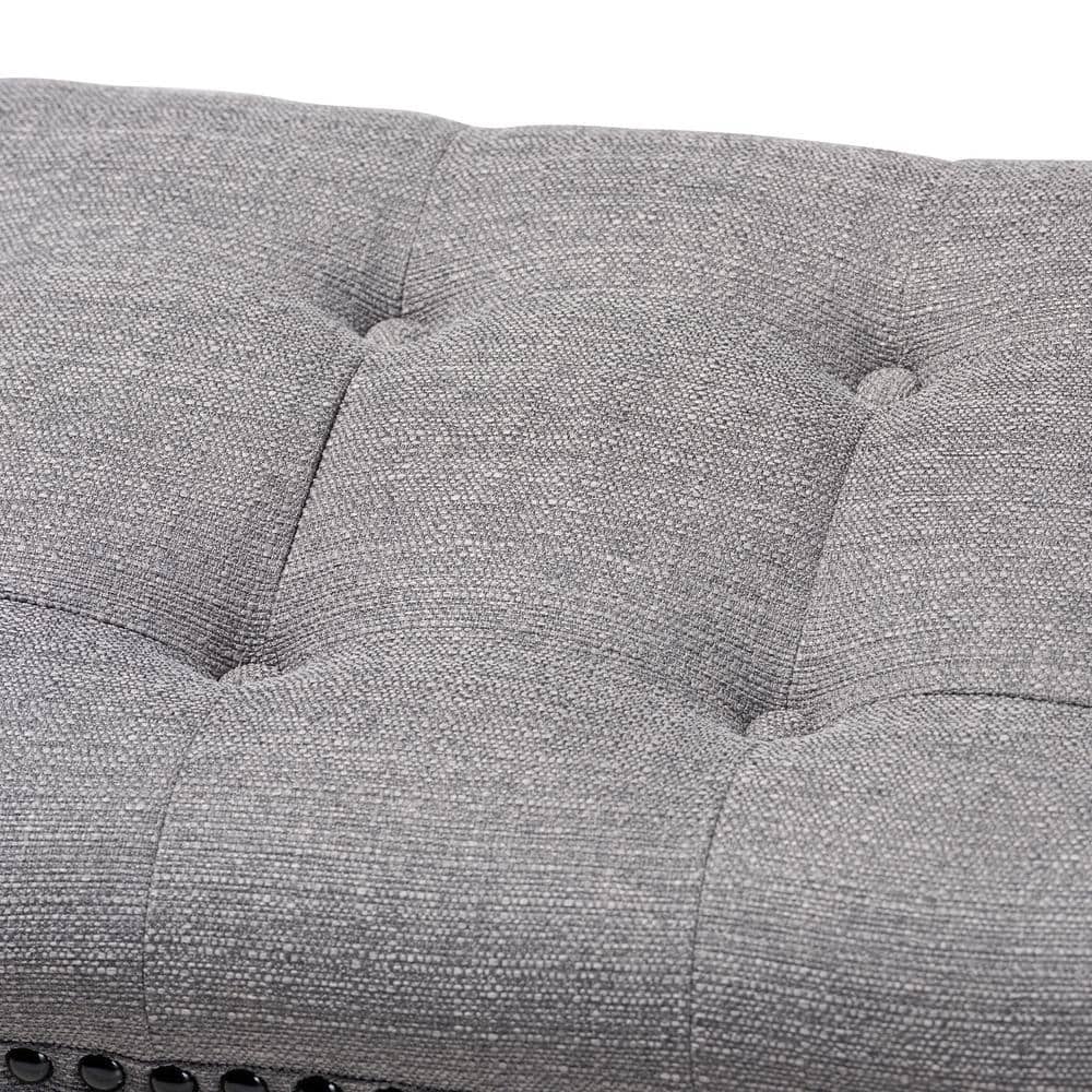 Gray Linen Upholstered Oak Wood Bench with Tapered Legs