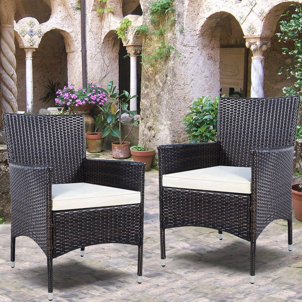 Modern Black Wicker Dining Armchairs with White Cushions