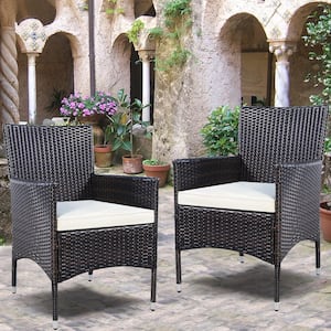 2-Pieces Patio Rattan Wicker Arm Seat Outdoor Dining Chair With White Cushions