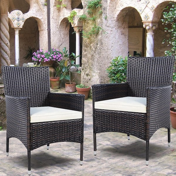 2-Pieces Patio Rattan Wicker Arm Seat Outdoor Dining Chair With White Cushions