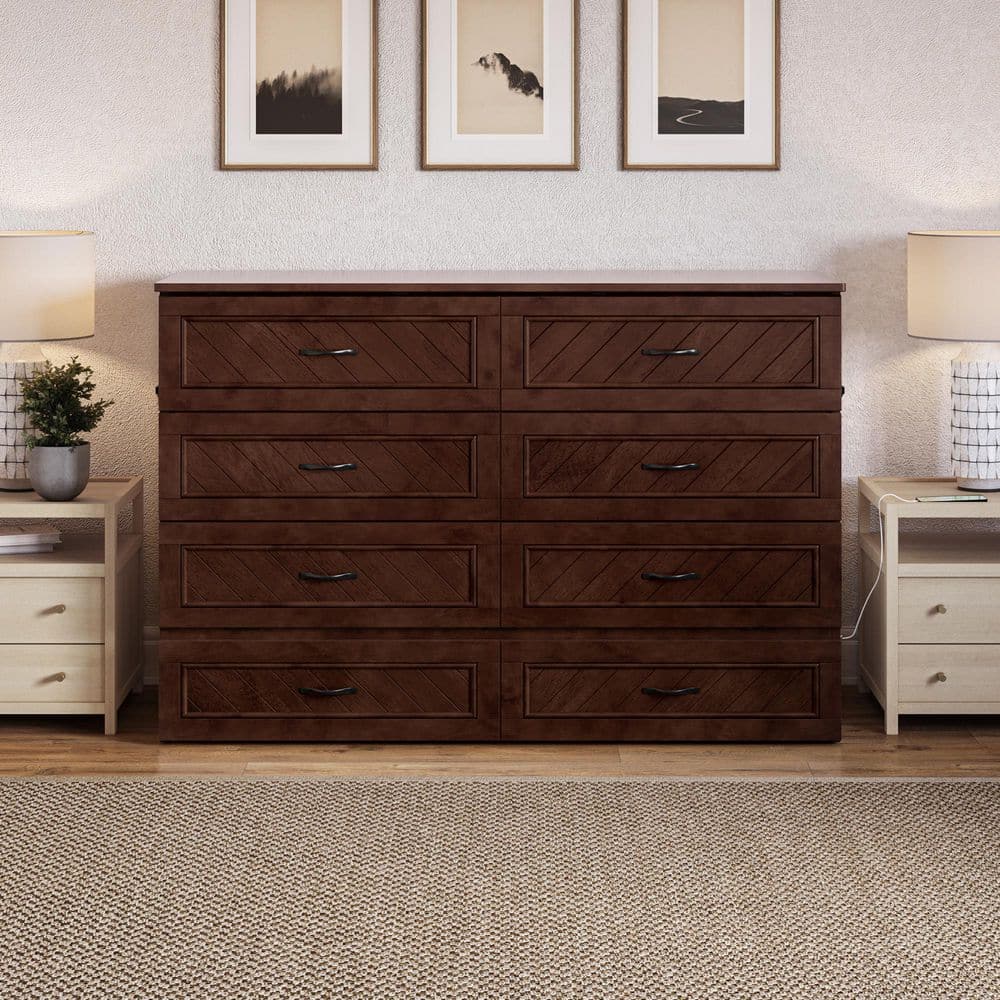 Dakota Queen Walnut Wood Murphy Bed Chest with Storage Drawer