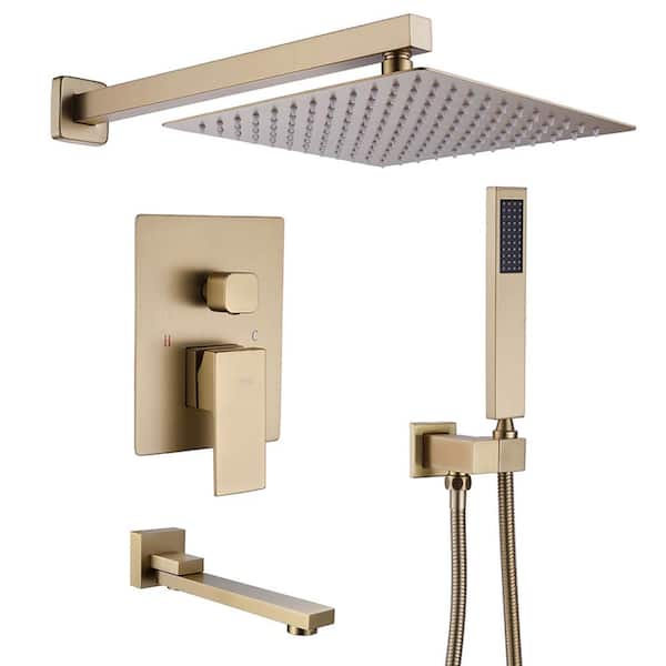 BWE Single-Handle 3-Spray Square High Pressure Tub and Shower Faucet in Brushed Gold (Valve Included)