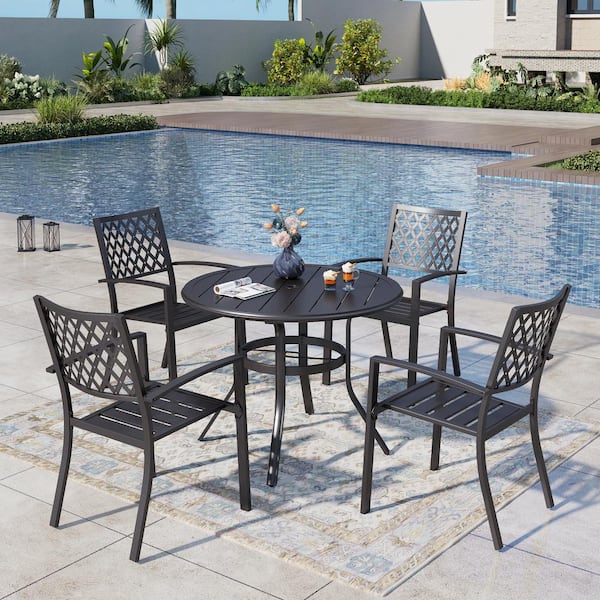 PHI VILLA 5-Piece Metal Outdoor Patio Dining Set with Slat Round Table and Elegant Stackable Chairs