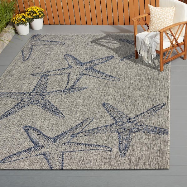 Camila Constellation Gray/Navy Blue 5 ft. x 7 ft. Coastal Starfish Rectangle Indoor/Outdoor Area Rug