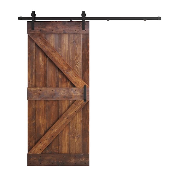 K Series 38 in. x 84 in. Dark Walnut DIY Knotty Pine Wood Sliding Barn Door with Hardware Kit