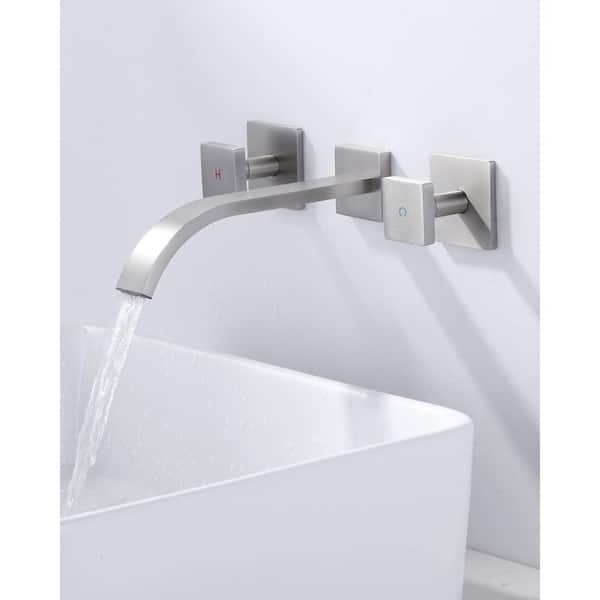 Solid Brass Double Handle Wall Mounted Waterfall Bathroom Faucet in Brushed Nickel