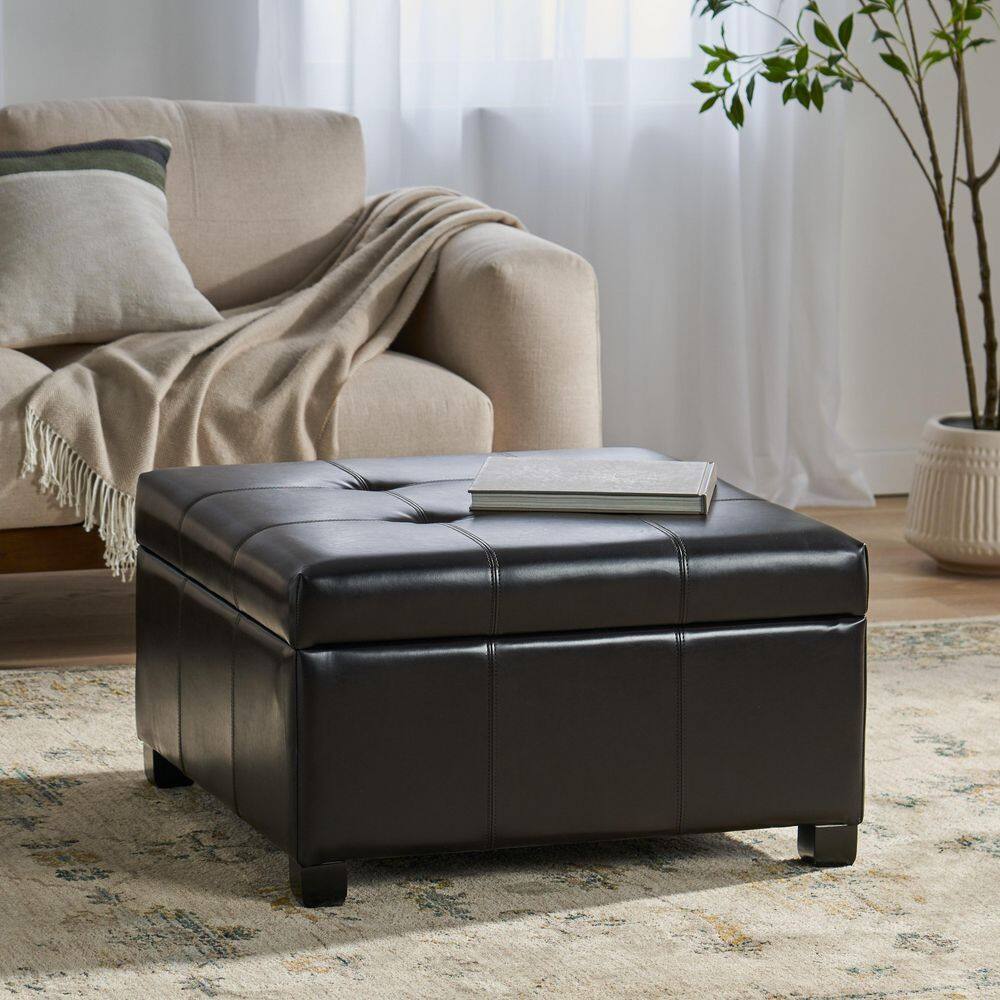 Espresso Tufted Round Leather Storage Ottoman