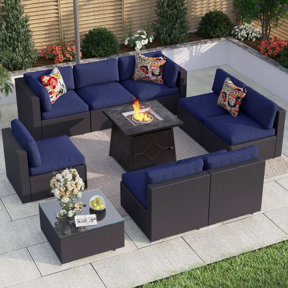 PHI VILLA Dark Brown Rattan Wicker 8 Seat 10-Piece Steel Outdoor Fire ...