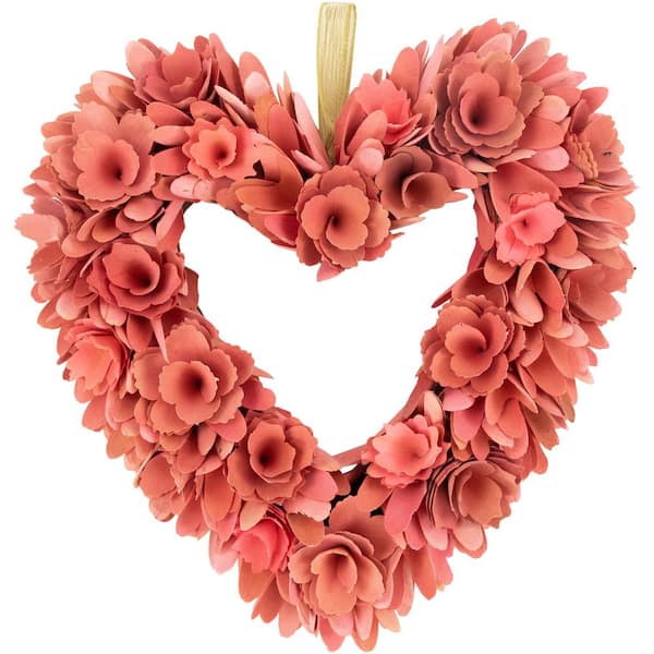 14 in. Salmon Pink Valentine's Day Wooden Floral Heart Wreath