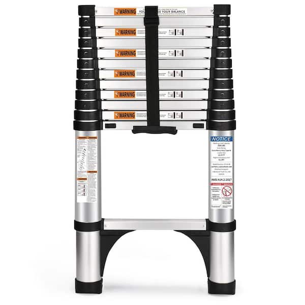 12.5 ft. Aluminum Button Retraction Extension Ladder with 2 Triangle Stabilizers, 330 lbs, Slow Down Design for House