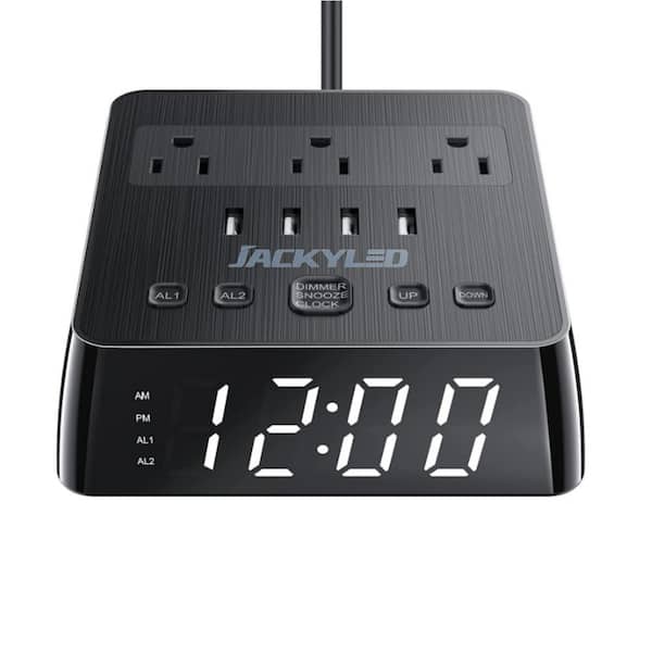 Etokfoks Alarm Clock 4 USB Power Strip 3-Outlets 6.5 ft. Long LED Full Screen Display with Dual Alarm Function 4-Level Brightness