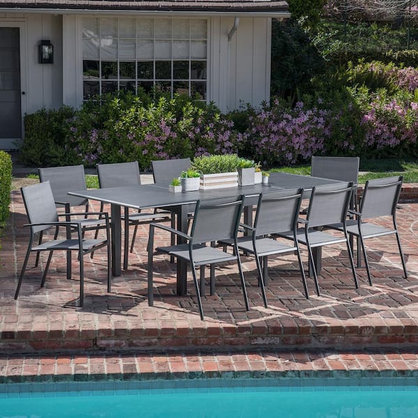 Cameron 11-Piece Aluminum Outdoor Dining Set with 10 Sling Dining Chairs and an Expandable Table