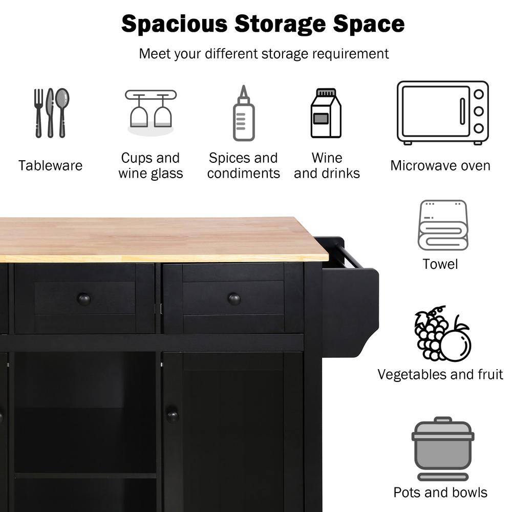 Black Wood Drop-Leaf Kitchen Cart with Storage and Spice Rack