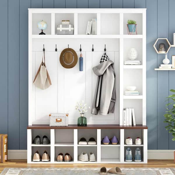 Farmhouse Wooden Hall Tree with 6 Hooks, Walnut Storage Bench with Adjustable Shelves, 13 Cubbies, Whiteplus Walnut