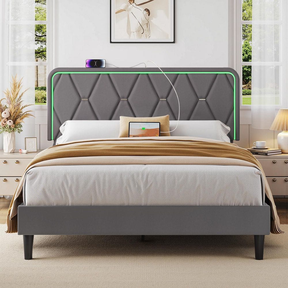 VECELO Upholstered Bed Queen Smart LED Bed Frame with Adjustable