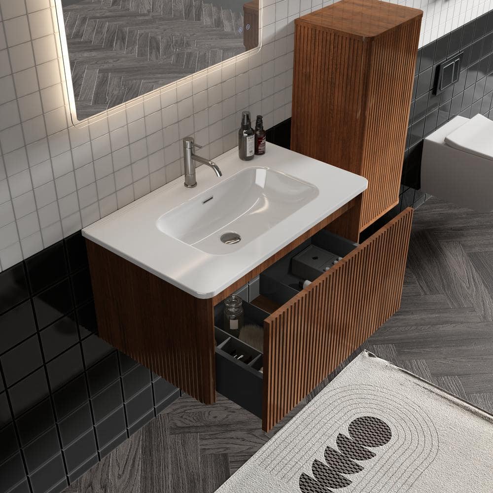 14 in. W x 11 in. D x 30 in. H Bathroom Storage Wall Cabinet in Walnut
