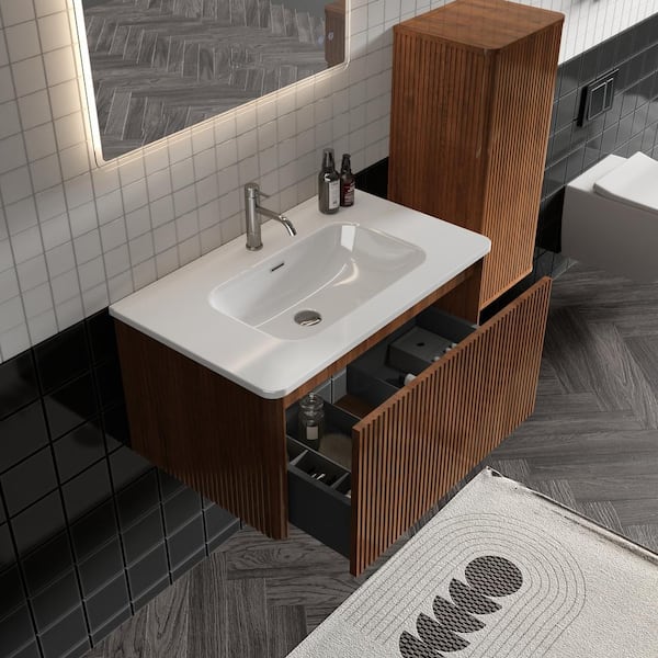 Unbranded 14 in. W x 11 in. D x 30 in. H Bathroom Storage Wall Cabinet in Walnut