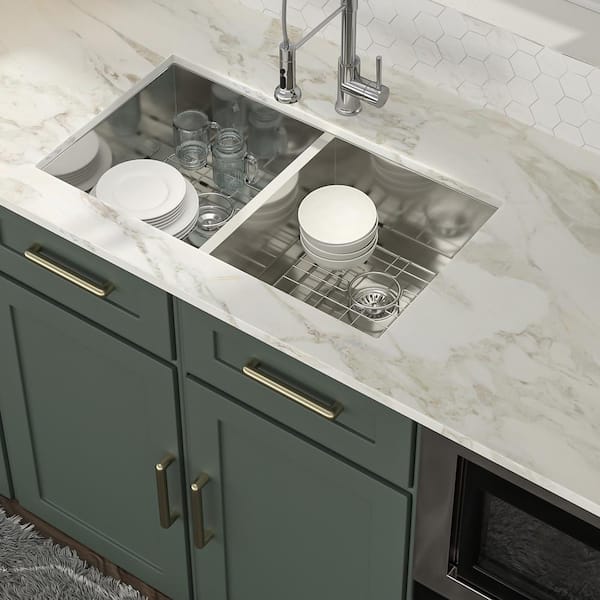 33 in. Undermount Double Bowl(50/50) 18-Gauge Brushed Nickel Stainless Steel Kitchen Sink with Bottom Grids