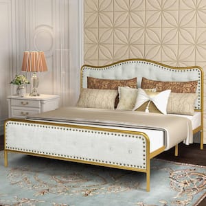 MERLE Beige Fabric Luxury Tufted Upholstered Metal Frame Queen Size Platform Bed Frame with Box Spring Not Required