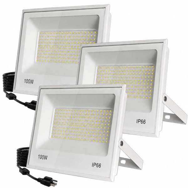 3-Pack 100W 10000-Lumen 6000K Daylight White LED Outdoor Flood Security Lights with Adjustable Brackets