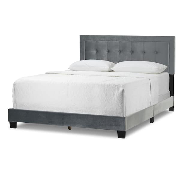 Glamour Home Austin Silver Grey Velvety Fabric Queen Bed with Button Tufting and Stitching