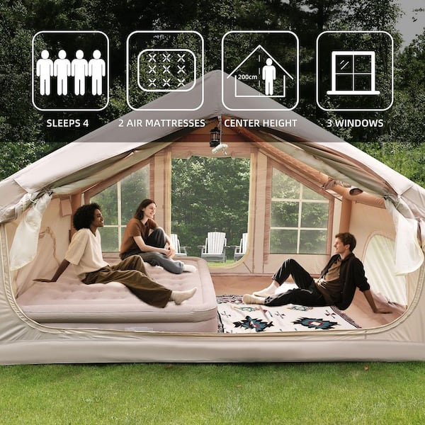 9.83 ft. x 6.83 ft. Beige Inflatable Camping Tent with Canopy and