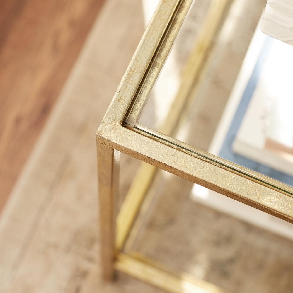 Bella Square Gold Leaf Metal and Glass Accent Table