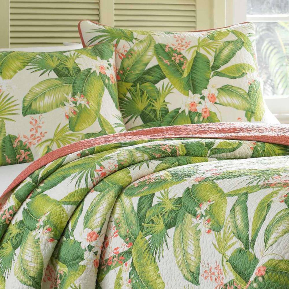Ecru Twin Cotton Reversible Quilt Set with Palm Leaf Design