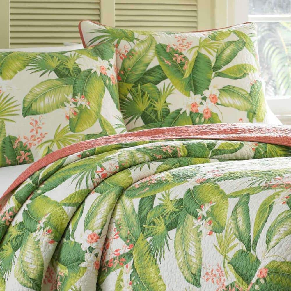 Ecru Cotton Full/Queen Reversible Quilt Set with Palm Leaf Design